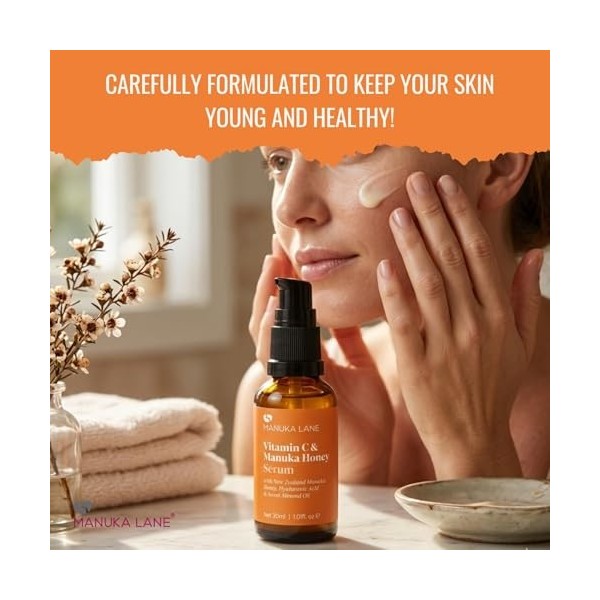 Sérum à la vitamine C pour le visage et le cou avec acide hyaluronique, miel de Manuka et huile damande douce | Formule à ba ...
