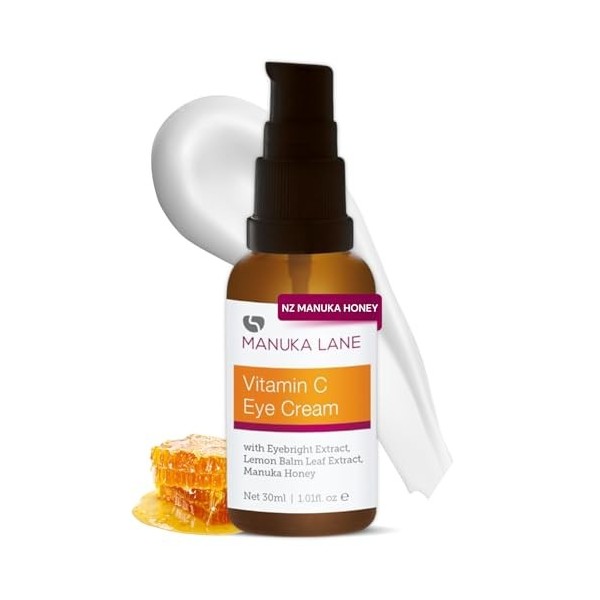 Sérum à la vitamine C pour le visage et le cou avec acide hyaluronique, miel de Manuka et huile damande douce | Formule à ba ...