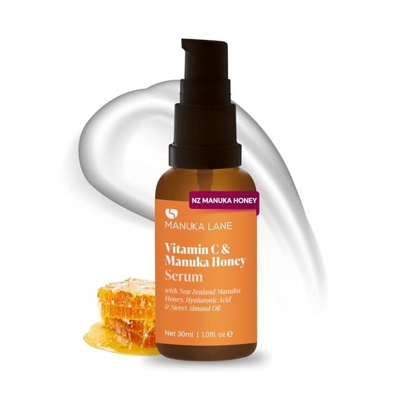Sérum à la vitamine C pour le visage et le cou avec acide hyaluronique, miel de Manuka et huile damande douce | Formule à ba ...