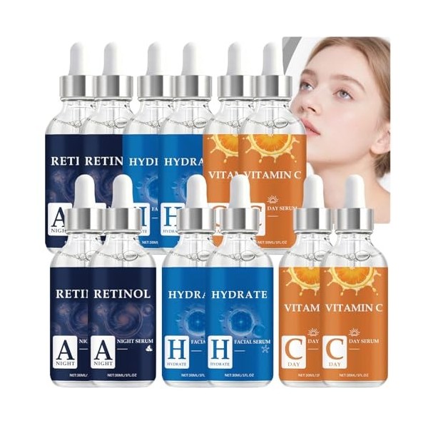 Coffret Sérums Anti-Âge Visage, Correcteur de Taches Brunes, Sérum Resurfaçant au Rétinol, Essence Régénératrice à la Vitamin...