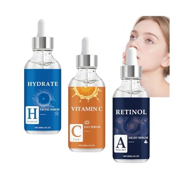 Coffret Sérums Anti-Âge Visage, Correcteur de Taches Brunes, Sérum Resurfaçant au Rétinol, Essence Régénératrice à la Vitamin...
