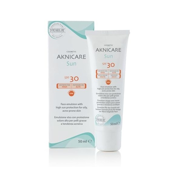 Synchroline - Aknicare Sun Spf30 Crème Visage 50 Ml Peau Mixte et Grasse à Tendance Acnéique avec Acide Hyaluronique Gt-Pepti
