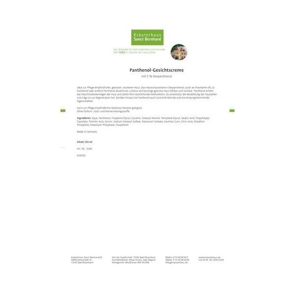 Sanct Bernhard Herb House Crème pour Le Visage Sanct Bernhard Panthénol avec 5% de dexpanthénol | sans Parfum, sans colorants