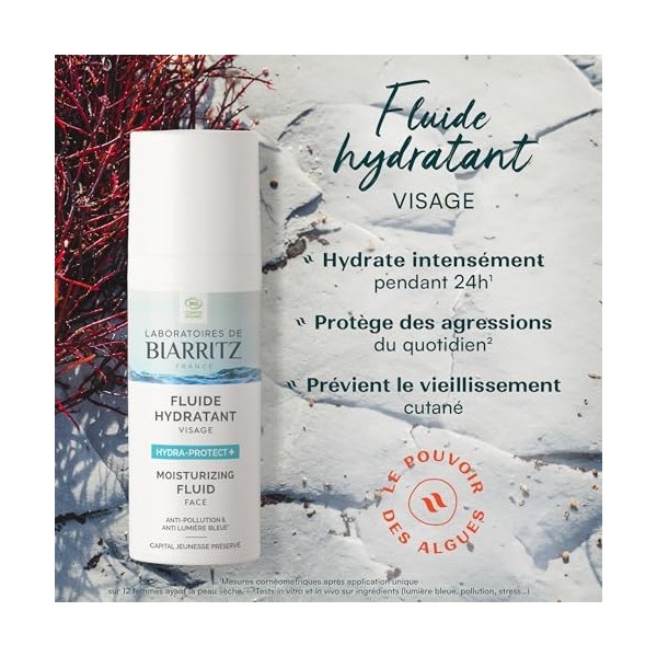 Laboratoires de Biarritz - Fluide Hydratant Visage Hydra-protect+ - Hydrate & Protège - Formule Vegan - Certifié Bio - Tous T
