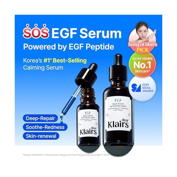 DearKlairs Goutte activatrice de jeunesse bleu nuit, 0,67 fl oz 20 ml | Double EGF, Peptides, Guaiazulène Adénosine, Sérum 