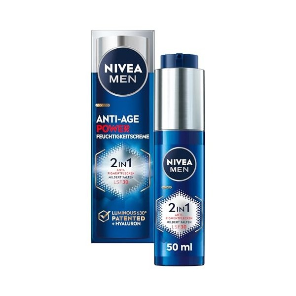 NIVEA MEN Anti-âge 2 en 1 Power Soins du jour avec SPF 30, soins du visage à lacide hyaluronique pour hommes avec effet anti