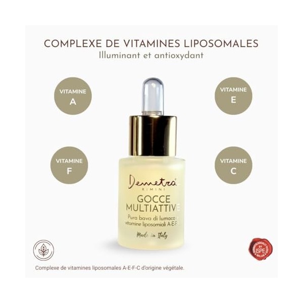Demetra Gouttes Multi-Actives Visage – Sérum Booster Concentré à la Bave d’Escargot 98% et Vitamines Liposomales A-E-F-C – So