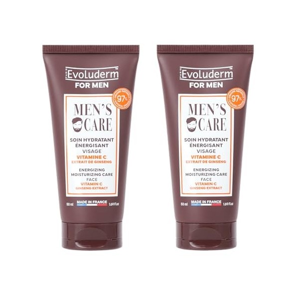 EVOLUDERM – Soin Hydratant Énergisant Homme – 50 ml – 97% d’Origine Naturelle – Végan – Fabrication Française - Lot de 2 x 50