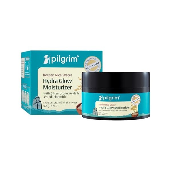 Pilgrim Hydra Glow Hydra Glow Crème hydratante à leau de riz coréenne 100 g avec 5 acides hyaluroniques, 3 % de niacinamide,