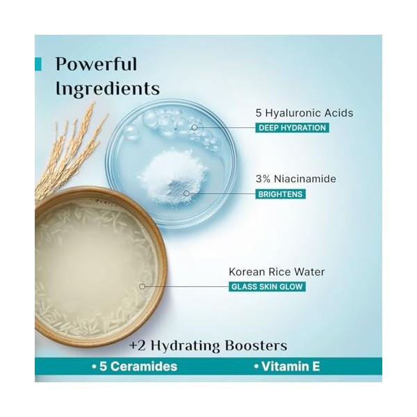 Pilgrim Hydra Glow Hydra Glow Crème hydratante à leau de riz coréenne 100 g avec 5 acides hyaluroniques, 3 % de niacinamide,