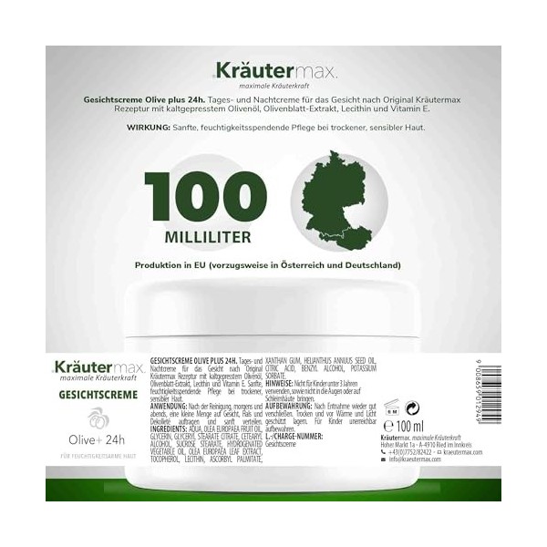 Crème pour le visage à lhuile dolive et aux extraits de feuilles dolivier 100 ml