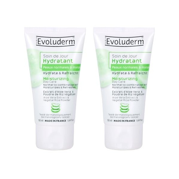 EVOLUDERM - Soin de Jour Hydratant Peaux Normales à Mixtes - 50 ml - 94% dOrigine Naturelle - Végan - Fabrication Française 