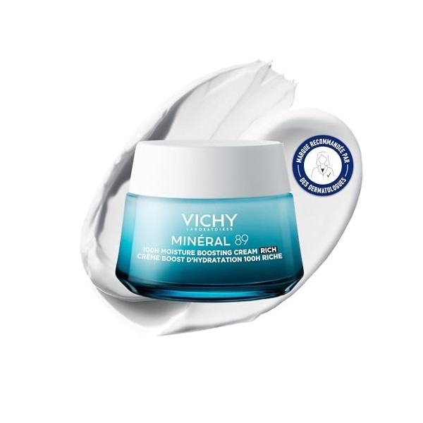 Vichy, Minéral 89, Crème Riche Boost Visage, Hydratation 72H, Enrichie en Acide Hyaluronique & Squalane, Pour Peaux Sèches, 5