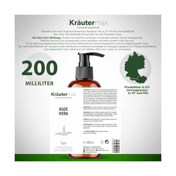 Gel dAloe Vera Pure Cosmétique Naturelle Pure Sans Additifs 97% 1 x 200ml