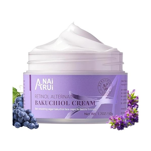 ANAiRUi Crème Hydratante Visage au Bakuchiol – Anti-Âge & Raffermissante 50ml, Atténue les Rides, Repulpe et Apaise la Peau, 