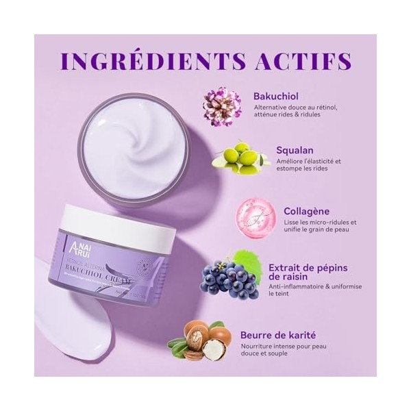 ANAiRUi Crème Hydratante Visage au Bakuchiol – Anti-Âge & Raffermissante 50ml, Atténue les Rides, Repulpe et Apaise la Peau, 