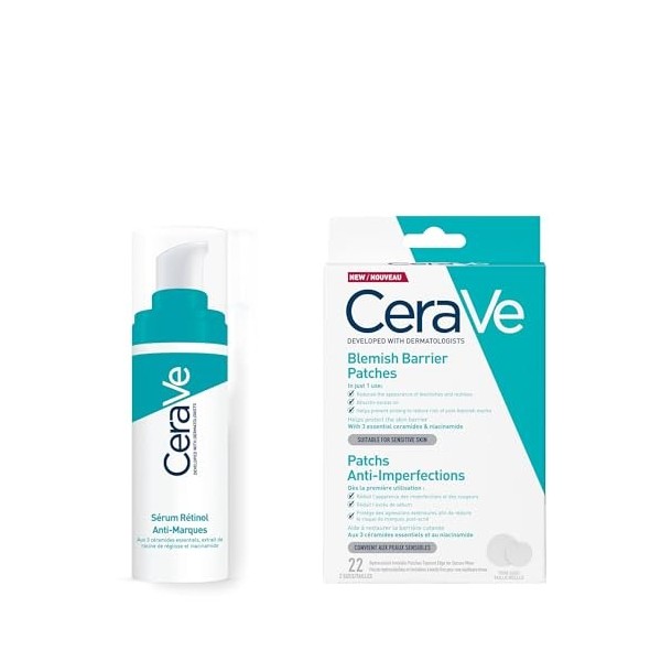 CeraVe, Soins pour les Peaux à Tendance Acnéique, Sérum Rétinol Anti-Marques 30 ml et Patchs Anti-Imperfections Invisibles x2