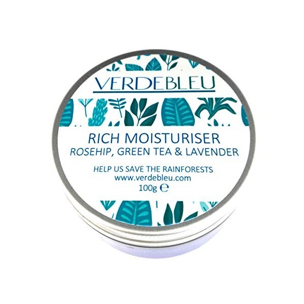 99% Naturel CRÈME HYDRATANTE FACIALE - ÉGLANTIER, THÉ VERT & LAVANDE - 100g de VERDEBLEU pH Équilibré, Hydratant, Doux, Peaux