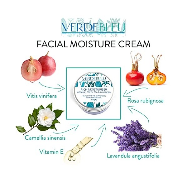 99% Naturel CRÈME HYDRATANTE FACIALE - ÉGLANTIER, THÉ VERT & LAVANDE - 100g de VERDEBLEU pH Équilibré, Hydratant, Doux, Peaux