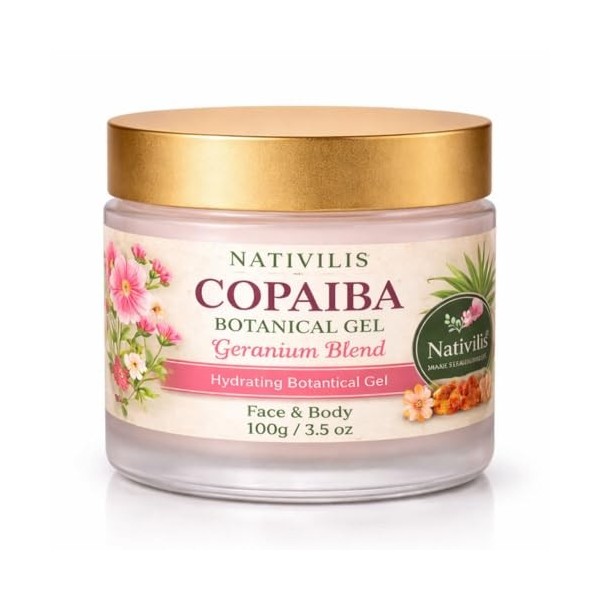 Nativilis Copaiba Gel à lhuile de géranium 100 g - Gel naturel pour le visage et le corps - Avec aloe vera - Végétalien et s