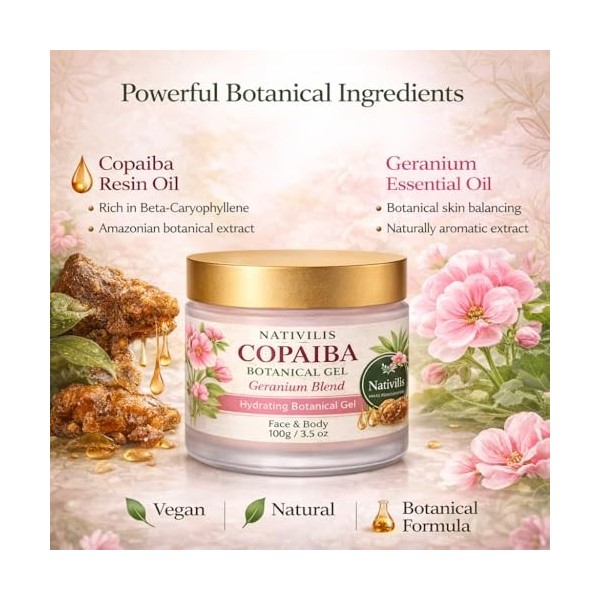 Nativilis Copaiba Gel à lhuile de géranium 100 g - Gel naturel pour le visage et le corps - Avec aloe vera - Végétalien et s