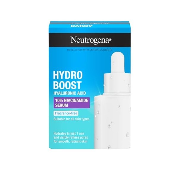 Neutrogena Hydro Boost Sérum Niacinamide 10%, hydrate, pores, améliore la texture de la peau, sans parfum, 30 ml