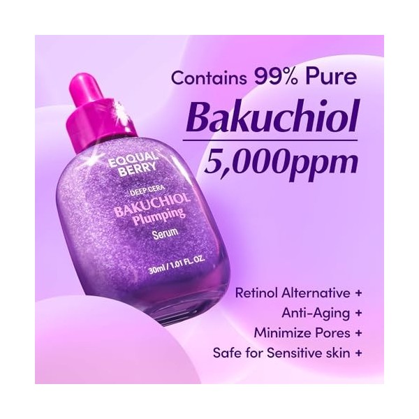 EQQUALBERRY Bakuchiol Plumping Serum 30ml – Sérum Visage Hydratant et Lissant avec Bakuchiol, Niacinamide et Acide Hyaluroniq