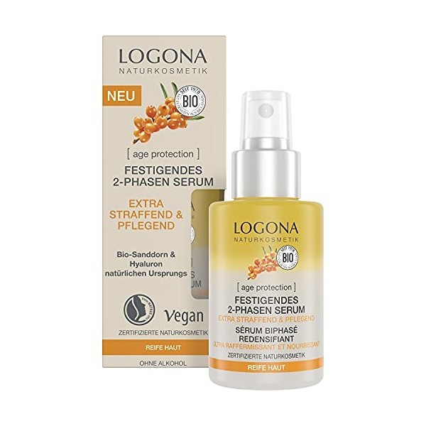 LOGONA Naturkosmetik Sérum anti-âge pour le visage - Pour peaux matures - Vegan et raffermissant - 2 phases - Avec acide hyal...
