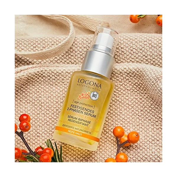 LOGONA Naturkosmetik Sérum anti-âge pour le visage - Pour peaux matures - Vegan et raffermissant - 2 phases - Avec acide hyal...