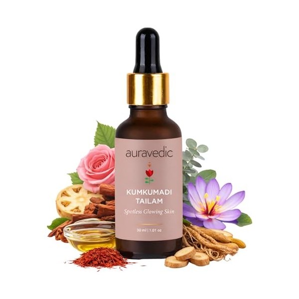 Auravedic Kumkumadi Tailam Huile Visage pour Peau Brillante 30 ml Sérum Visage Kumkumadi Thailam
