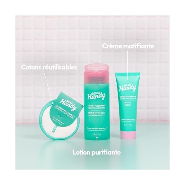 Merci Handy - Skin Essential Heroes - Routine Visage - Lotion Purifiante 150 ml - Crème Matifiante 50 ml - 3 Cotons OFFERTS