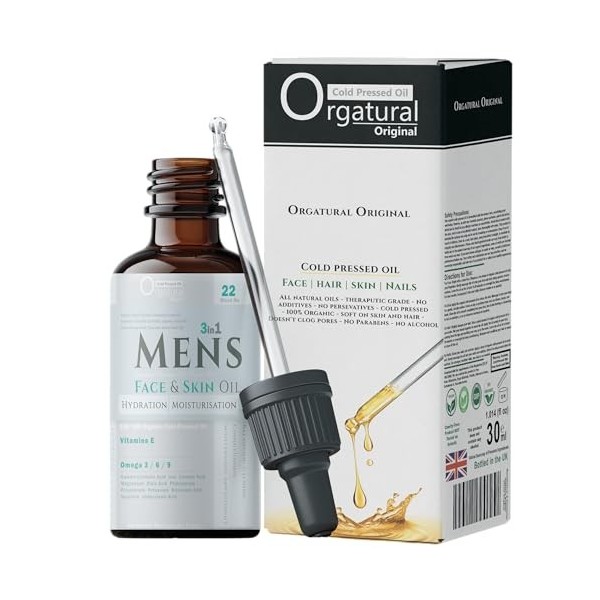 Orgatural 3in1 Homme Huile Visage Visage & Peau 22 - Ricin, Camélia, Huile de Graines de Chanvre | Non Grasse - 100% Organ