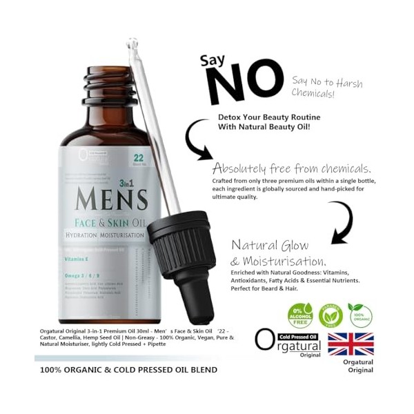 Orgatural 3in1 Homme Huile Visage Visage & Peau 22 - Ricin, Camélia, Huile de Graines de Chanvre | Non Grasse - 100% Organ