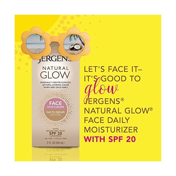 Jergens Natural Glow Crème hydratante quotidienne pour le visage à large spectre SPF 20, tons de peau équitables à moyens, 57