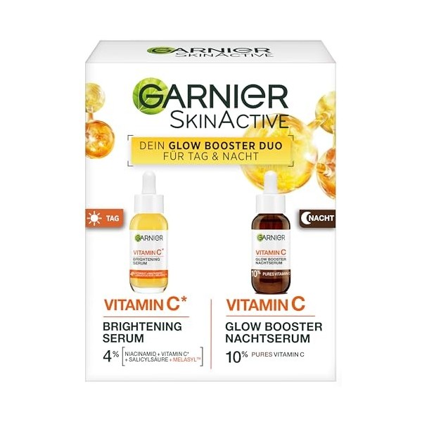 Garnier Sérum Duo de vitamine C Glow Booster jour et nuit avec sérum anti-taches sombres et sérum de nuit éclaircissant contr