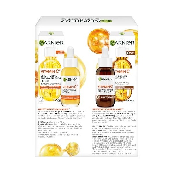 Garnier Sérum Duo de vitamine C Glow Booster jour et nuit avec sérum anti-taches sombres et sérum de nuit éclaircissant contr