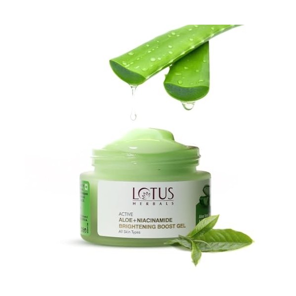 Lotus Herbals Gel éclaircissant à laloe vera actif et niacinamide | Hydrate la peau | Taches sombres claires | Sans paraben 