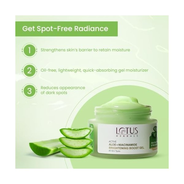 Lotus Herbals Gel éclaircissant à laloe vera actif et niacinamide | Hydrate la peau | Taches sombres claires | Sans paraben 