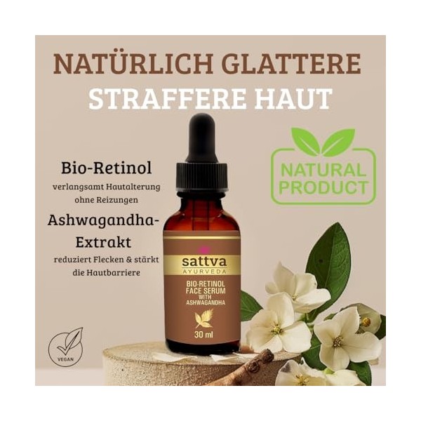 Sattva Sérum pour le visage - Anti-âge - Sérum au rétinol végétalien avec ashwagandha - Réduit les taches brunes, réduit les 