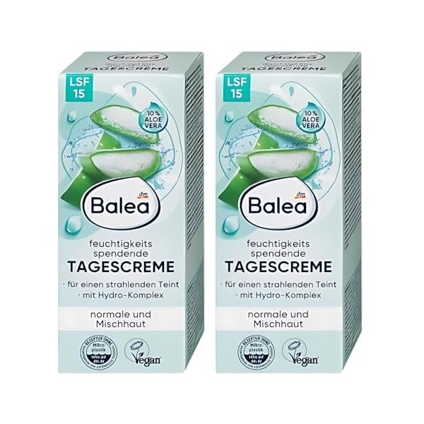 Balea Lot de 2 crèmes de jour hydratantes à laloe vera et hydrocomplexe SPF 15 50 ml