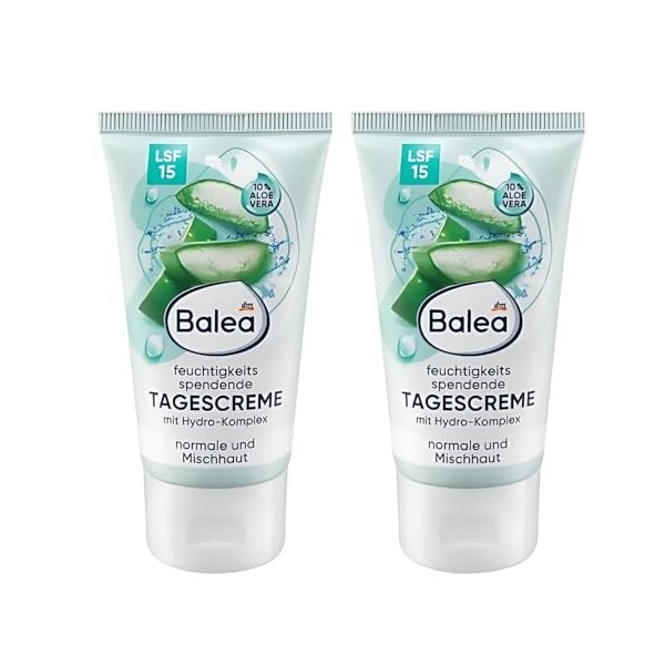 Balea Lot de 2 crèmes de jour hydratantes à laloe vera et hydrocomplexe SPF 15 50 ml