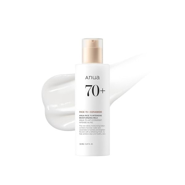 Anua Rice 70 Intensive Moisturizing Milk, Lotion hydratante visage à la Niacinamide et Céramides, 5.07 fl.oz