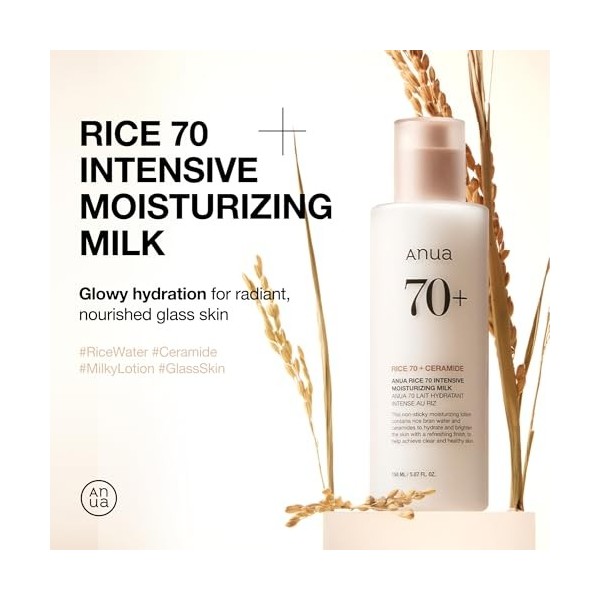 Anua Rice 70 Intensive Moisturizing Milk, Lotion hydratante visage à la Niacinamide et Céramides, 5.07 fl.oz