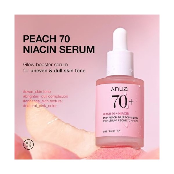 Anua Peach 70 Niacinamide Serum, Sérum éclat quotidien à la Vitamine B12, Niacinamide, Hydratant léger, 1.01 fl.oz