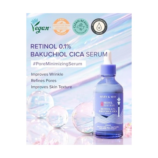 Mary&May SEOUL Edition Sérum coréen au rétinol 0,1% Bakuchiol Cica – Sérum coréen pour lélasticité des pores et laméliorati