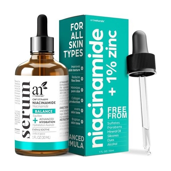 artnaturals Niacinamide Sérum visage – Sérum avancé avec acide hyaluronique – Vitamine B3, safran et huile de tournesol – Réd