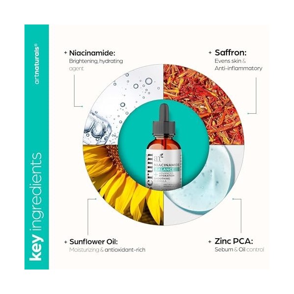 artnaturals Niacinamide Sérum visage – Sérum avancé avec acide hyaluronique – Vitamine B3, safran et huile de tournesol – Réd