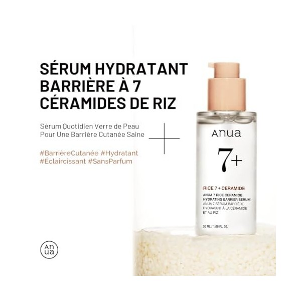 Anua Rice Ceramide 7 Hydrating Barrier Serum, Sérum barrière hydratant, Acide Hyaluronique, Niacinamide, Sans parfum, Non com
