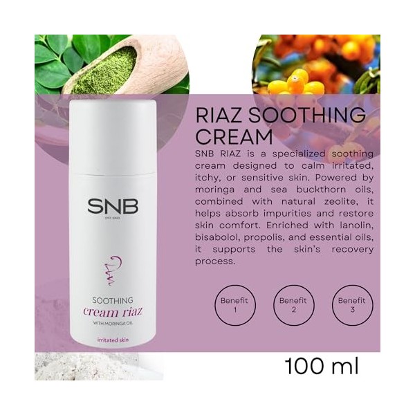 SNB Professional Crème RIAZ Apaisante 100 ml – Soin Naturel pour Peau Irritée – avec huile de moringa, zéolite, extrait de pr