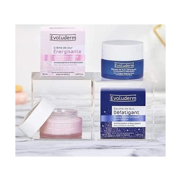 EVOLUDERM - Routine Duo Jour/Nuit Visage - Baume de Nuit Défatigant Antioxydant & Repulpant - Crème de Jour Énergisante Antio